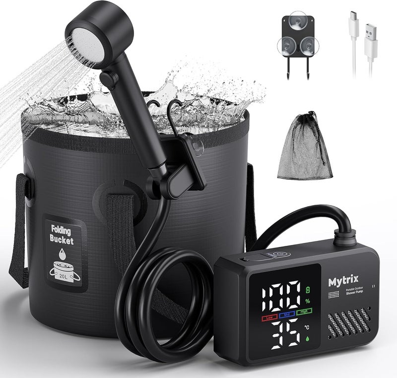 Mytrix Portable Camping Shower Pump with Foldable Bucket, 10L/Min High Flow, 7800mAh Rechargeable Battery, 4 Spray Modes, IPX8 Waterproof Outdoor Shower for Hiking, Travel & Pets - Image 1